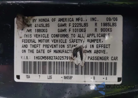 2007 Honda Accord 2.4 Ex z USA, uszkodzony, nr VIN 1HGCM56827A025791